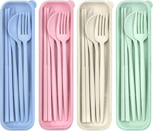 4 Sets Travel Utensils with Case, Cutlery Set Chopsticks Fork Spoon Knife with Case, Reusable Plastic Utensils Sets for Lunch Box Accessories,Portable Lunch Box Utensils Set for Daily Use