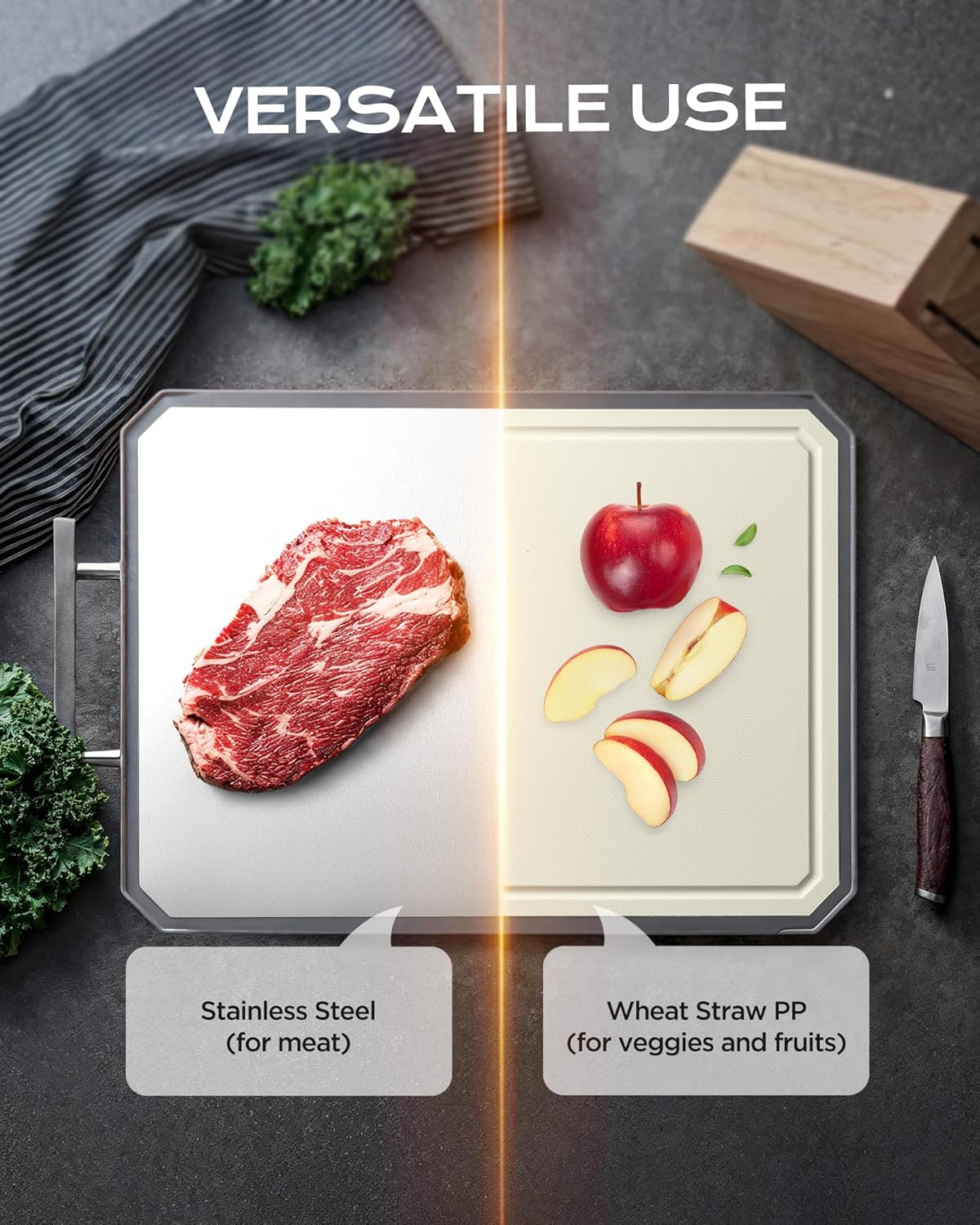 SNOWCLAD Stainless Steel Cutting Board,Non Toxic chopping for kitchen | Metal Cutting Board,Double Sided Stainless Steel/Wheat straw pp Large for meat,Dishwasher Safe [16*11Inch]