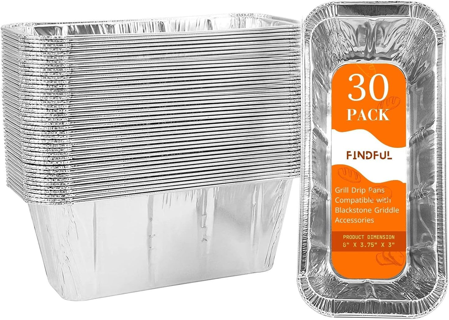 Findful 30-Pack Drip Pans Liners Compatible for Blackstone Griddle Accessories, Aluminum Foil Pan Disposable for 17" 22" 28" 36" Blackstone Griddle Drip Tray Holder Grill Rear Grease Catcher Cup