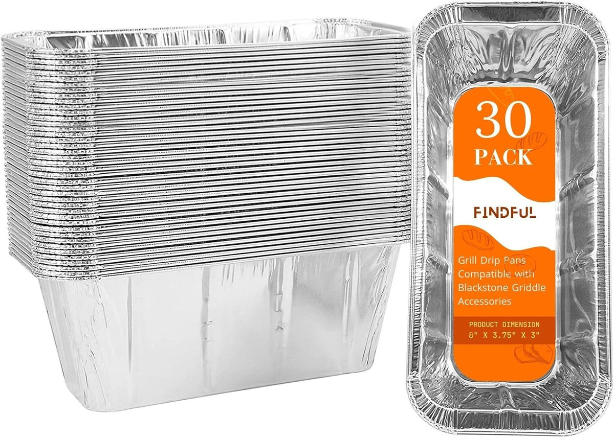 Findful 30-Pack Drip Pans Liners Compatible for Blackstone Griddle Accessories, Aluminum Foil Pan Disposable for 17" 22" 28" 36" Blackstone Griddle Drip Tray Holder Grill Rear Grease Catcher Cup