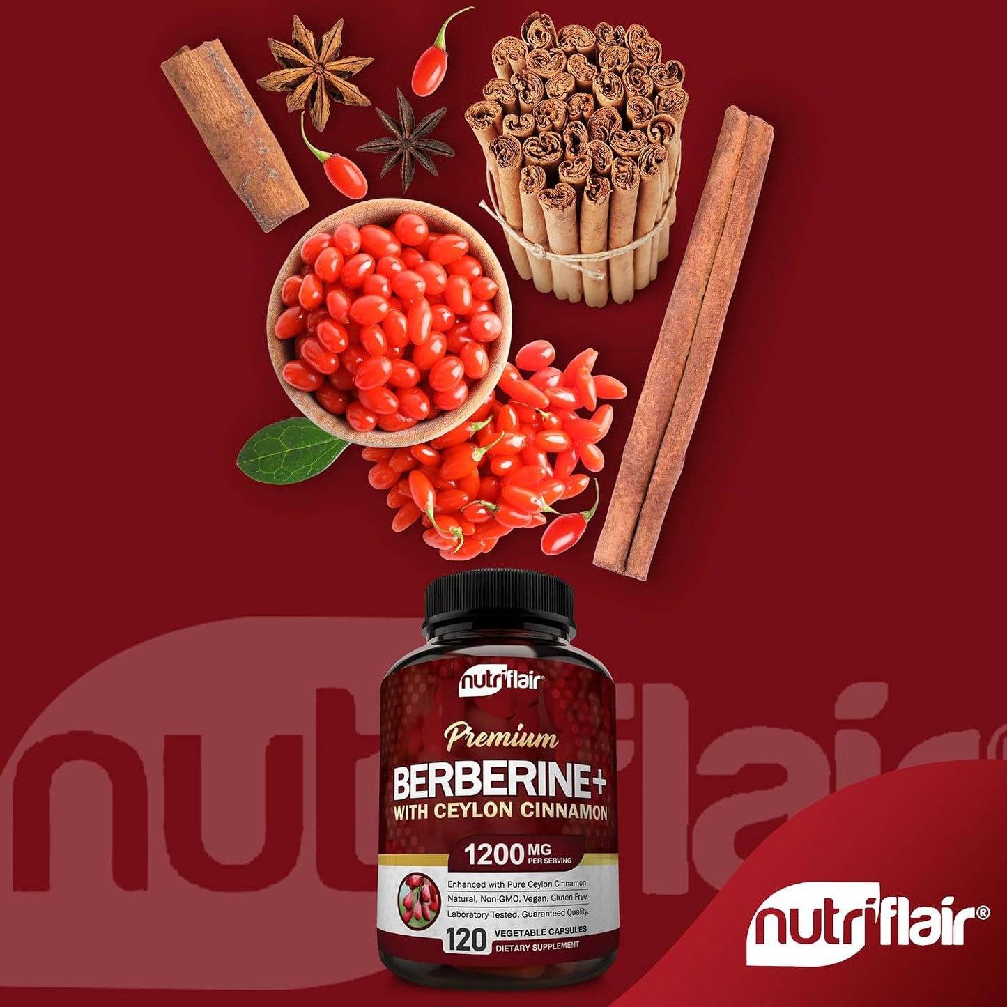 NutriFlair Premium Berberine HCL 1200mg, 120 Capsules - Plus Pure True Ceylon Cinnamon, Berberine HCI Root Supplements Pills - Immune System - Made in USA