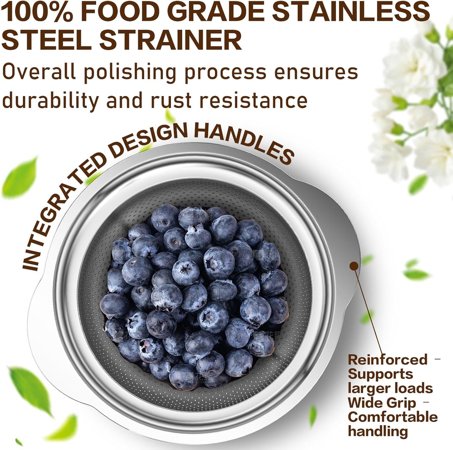 Stainless Steel Colander for Kitchen, Stainless Steel Strainer, Pasta Strainer for Spaghetti Fruit Cooking Food, 3 Pcs Strainers and Colanders(2QT, 3QT, 5QT), Dishwasher Safe, Kitchen Present