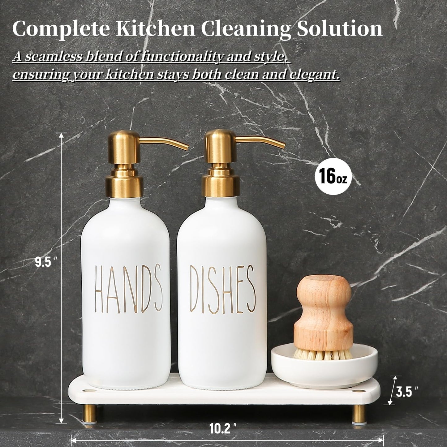 MOMEEMO Gold Soap Dispenser Set Comes with Stainless Steel Pumps | Instant Dry Tray and Dish Scrub Brush, Suitable for Kitchen Decor and Accessories