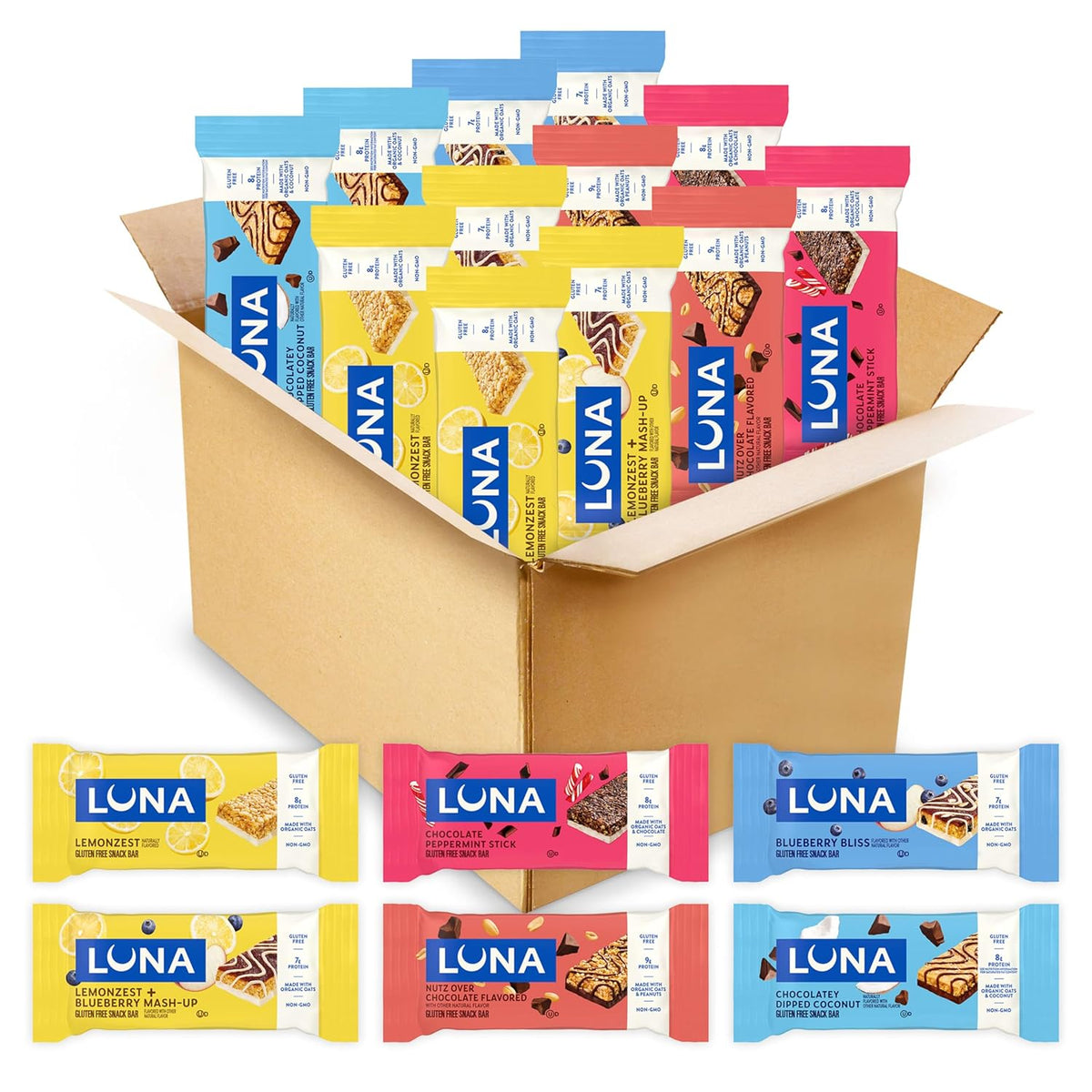 LUNA Bar Variety Pack 12 Count Gluten Free Non GMO Protein Bars