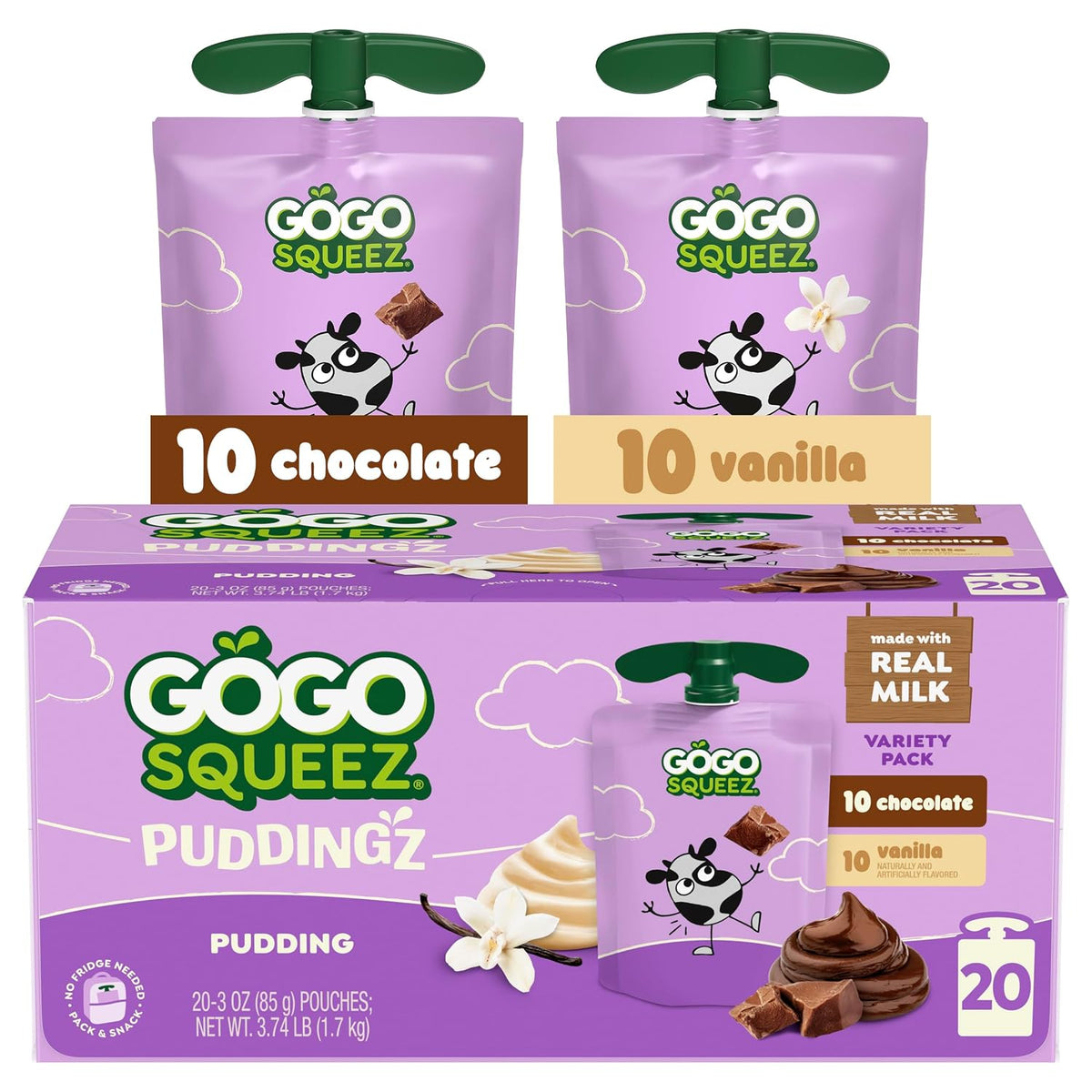 GoGo squeeZ PuddingZ Variety Pack, Chocolate and Vanilla Pudding Snack, 20 Pouches, BPA Free