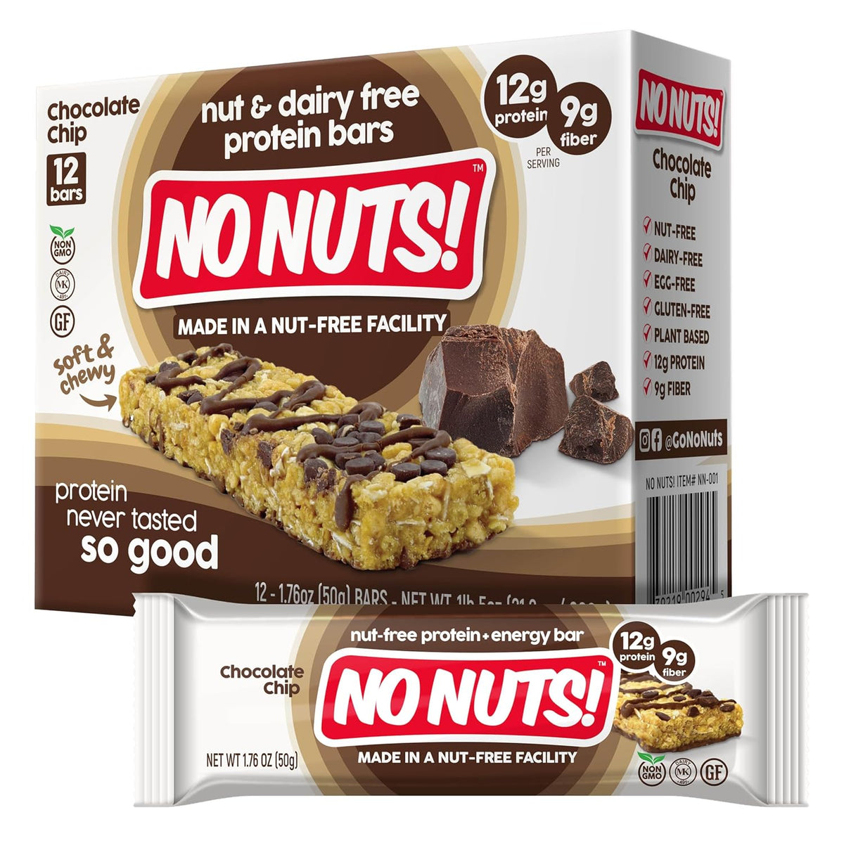 No Nuts! Chocolate Chip Protein Bars, 100% Nut-Free, Vegan, Gluten-Free, Non-GMO, Organic, Kosher, 12 Count