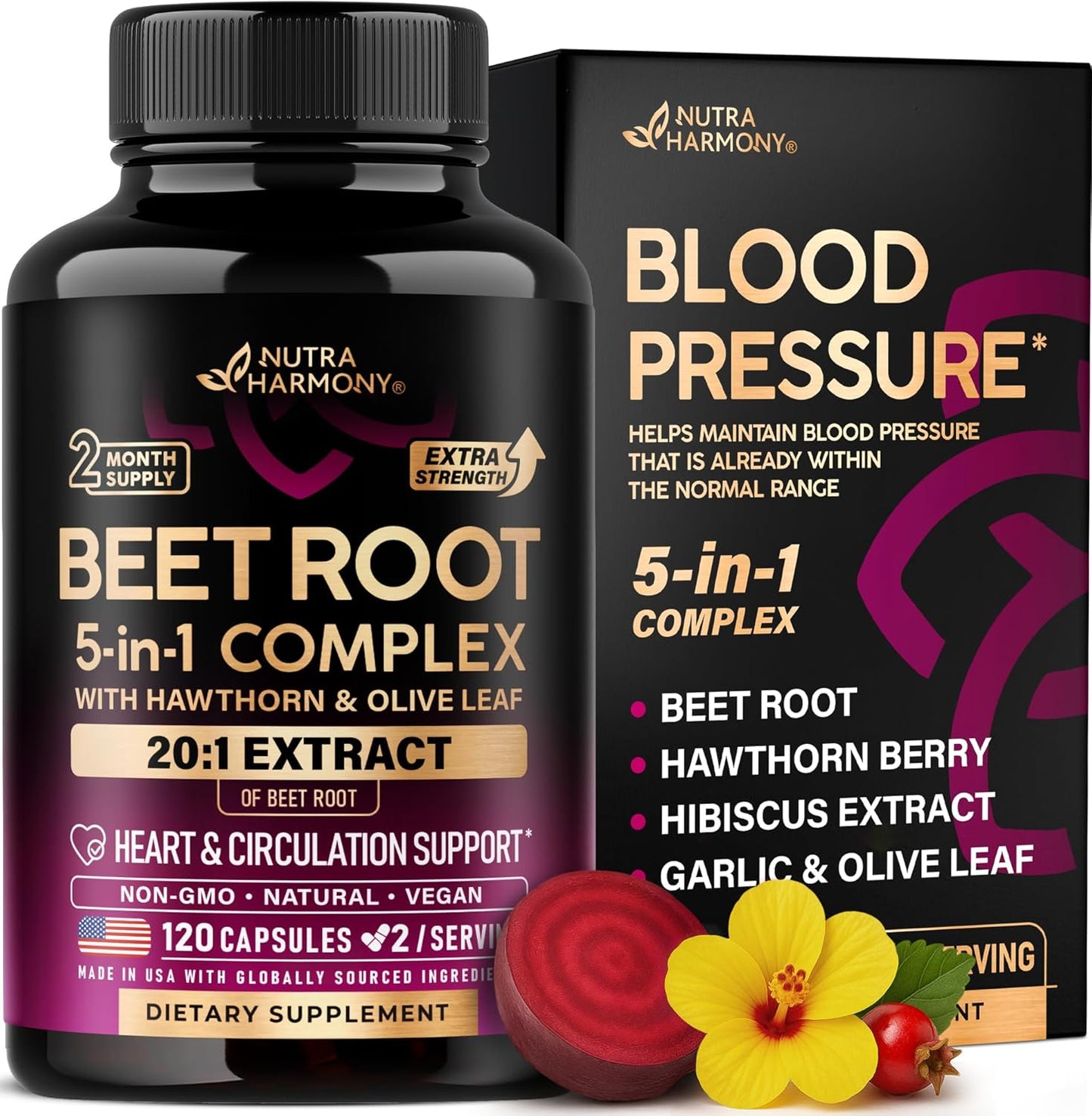 Beet Root 5-in-1 Complex Capsules - Healthy Blood Pressure Support Supplement** for Heart & Circulation Support - Olive Leaf, Hawthorn Berry & Hibiscus - for Men & Women - Lab Tested - 120 Capsules