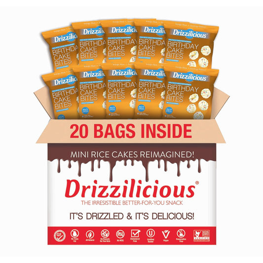 Mini flavored rice cakes in birthday cake flavor, 90 calories per bag, vegan and gluten free