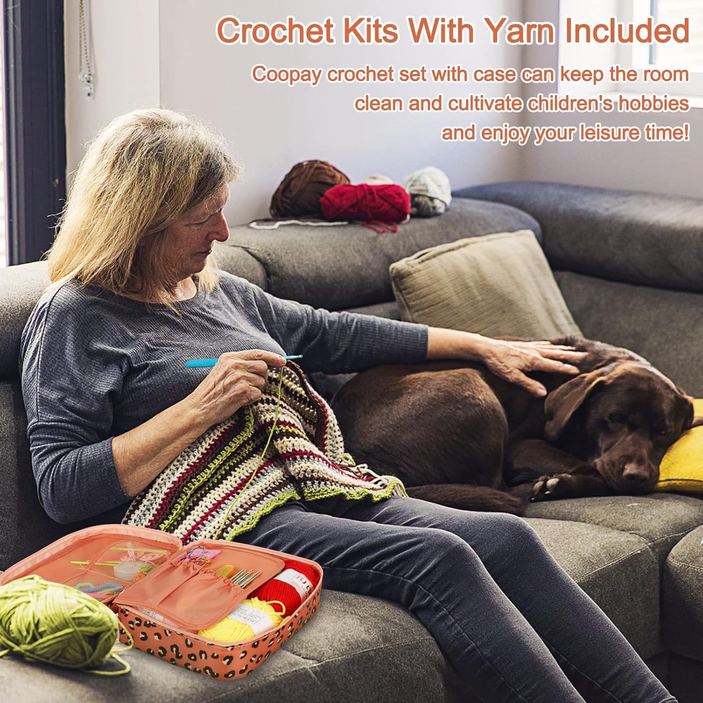 Coopay Crochet Kit Beginners Crochet Hook Set with Crochet Yarn,58PCS Portable Crochet Set Ergonomic Crochet Hooks Travel Knitting Crochet Supplies