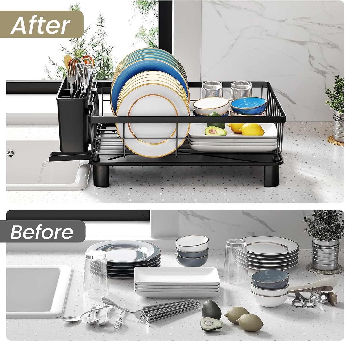 SNTD Dish Drying Rack for Small Kitchen Counter, 11" W x 15" L, Black | Space Saving, Rotating Spout & Angled Drainboard for Quick Drainage, Stainless Steel, Removable Utensil Holder
