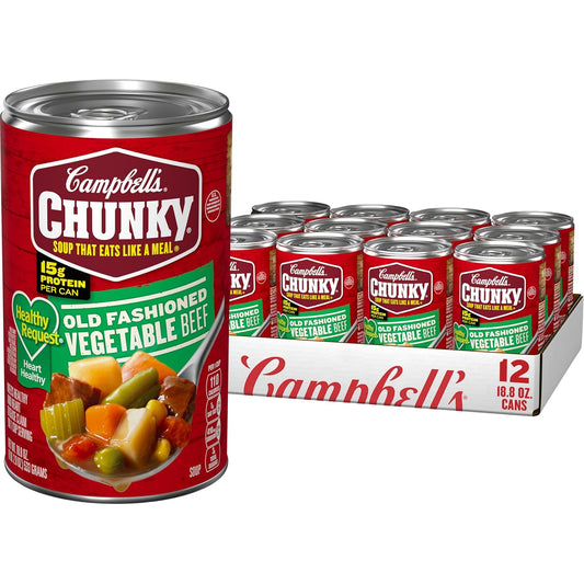 Campbell's Chunky Healthy Request Old Fashioned Vegetable Beef Soup, 18.8 Oz Cans, Case of 12 for Delicious and Filling Lunch or Campfire Meals