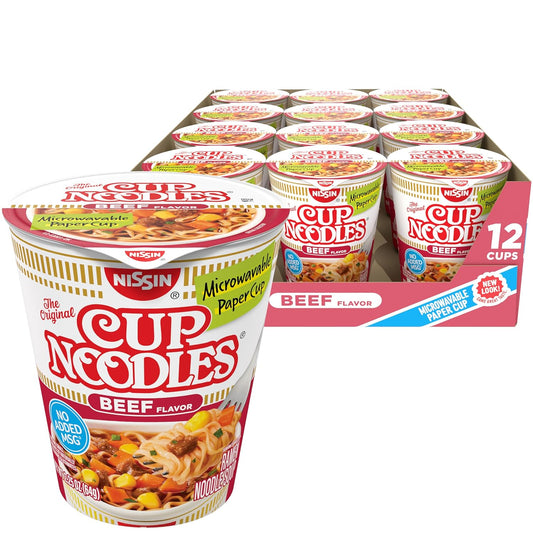 Nissin Beef Flavor Instant Ramen Microwaveable Paper Cups, 2.25 Ounce, Pack of 12
