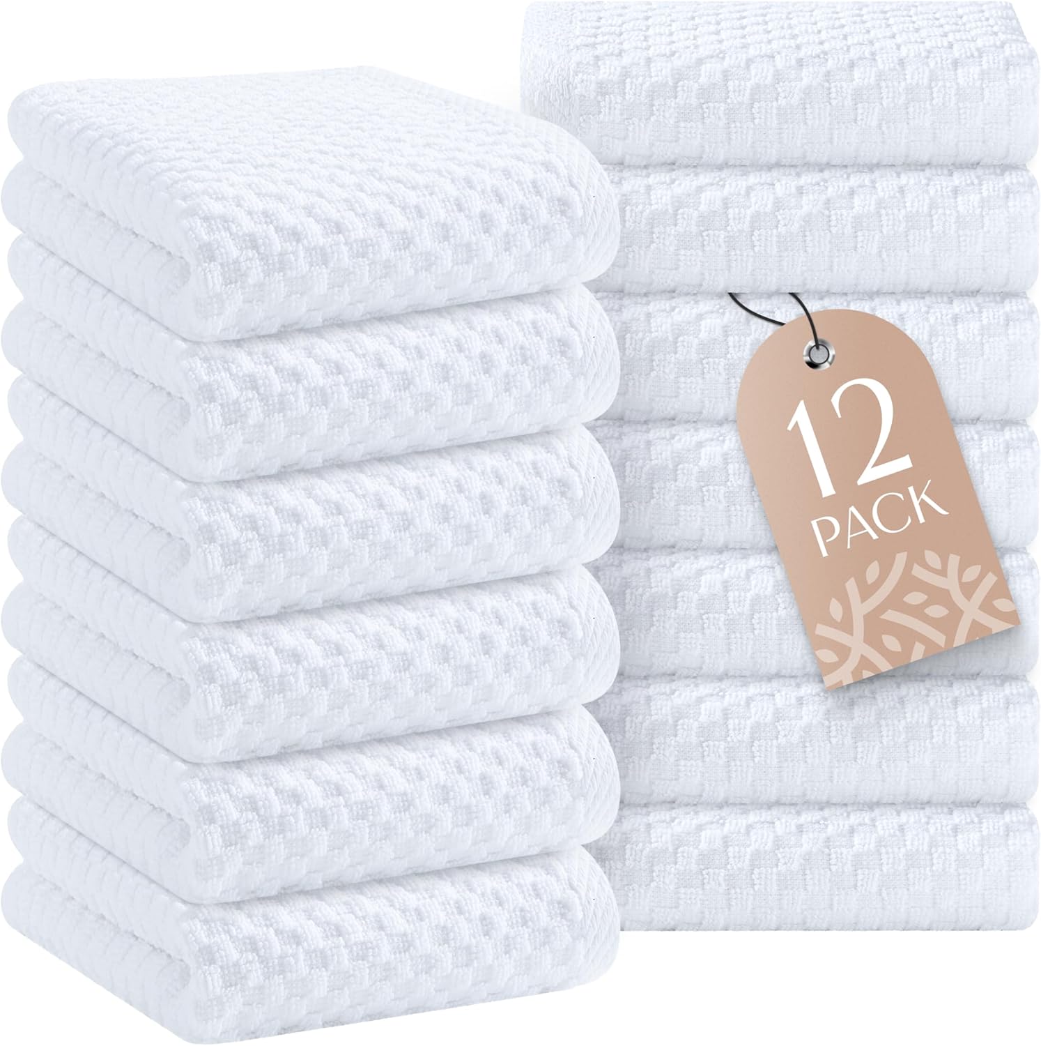 Wealuxe Super Absorbent Kitchen Towels 12 Pack - Premium 100% Cotton Kitchen Towels, 450GSM Thick Machine Washable White Dish Towels for Kitchen Drying, Cleaning, Dobby Weave, Unmatched Quality