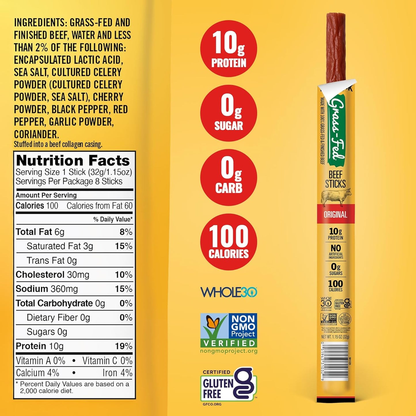 Tillamook Country Smoker 100% Grass Fed Beef Sticks, 8 Pack, 1.15 Ounce, Non-GMO, Gluten Free, High Protein Snack