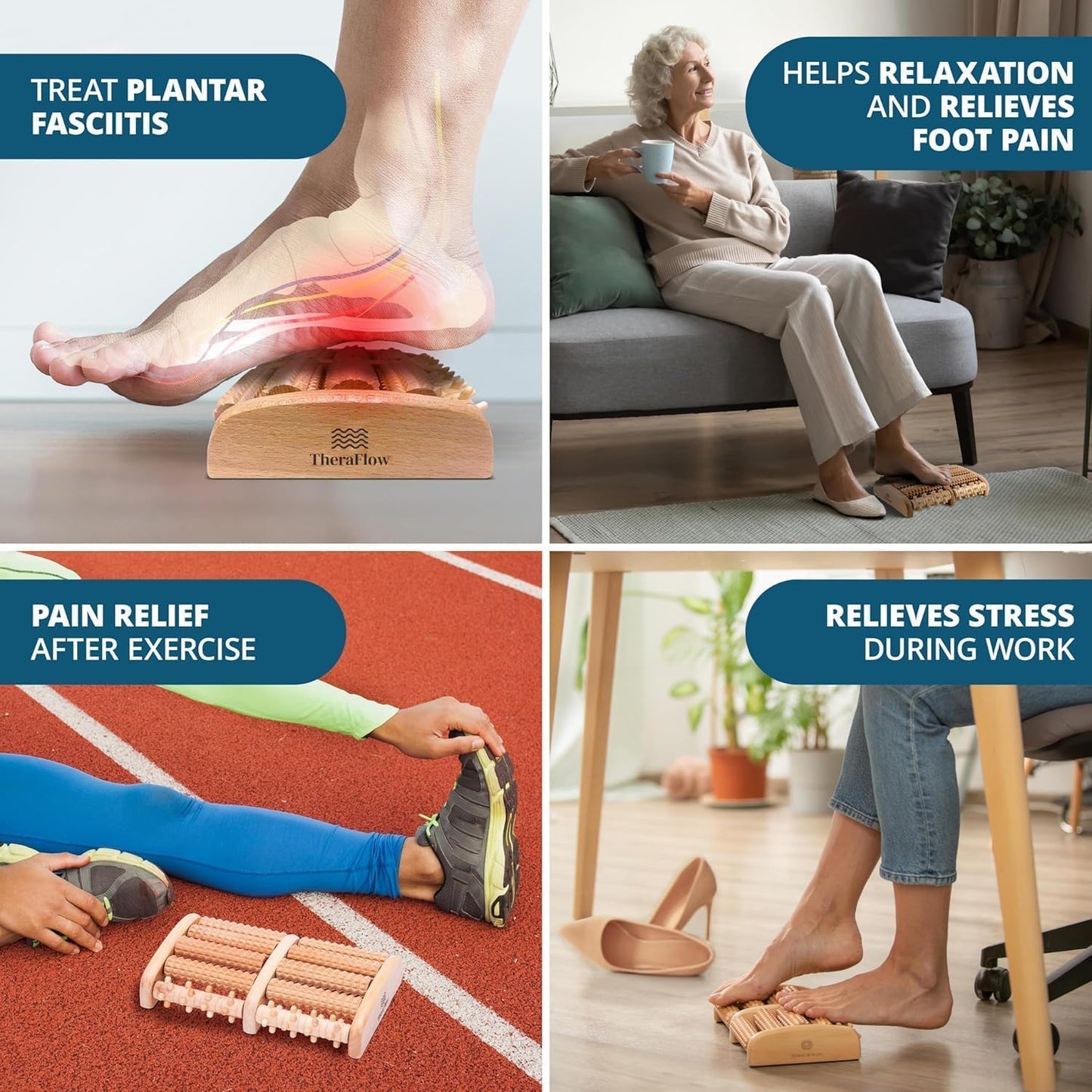 TheraFlow Wooden Foot Roller for Plantar Fasciitis Relief and Neuropathy Pain