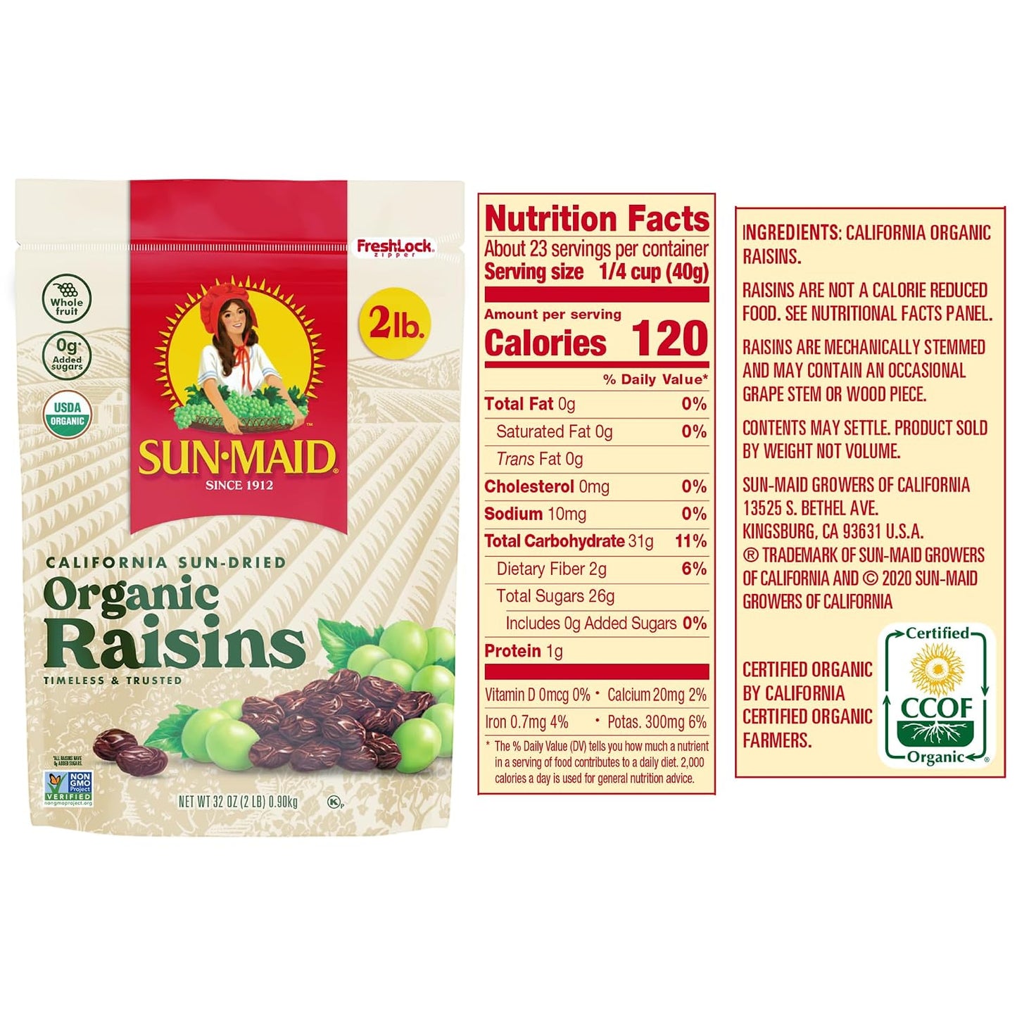 Sun-Maid Organic California Sun-Dried Raisins 2 Pack 32 oz Resealable Bag