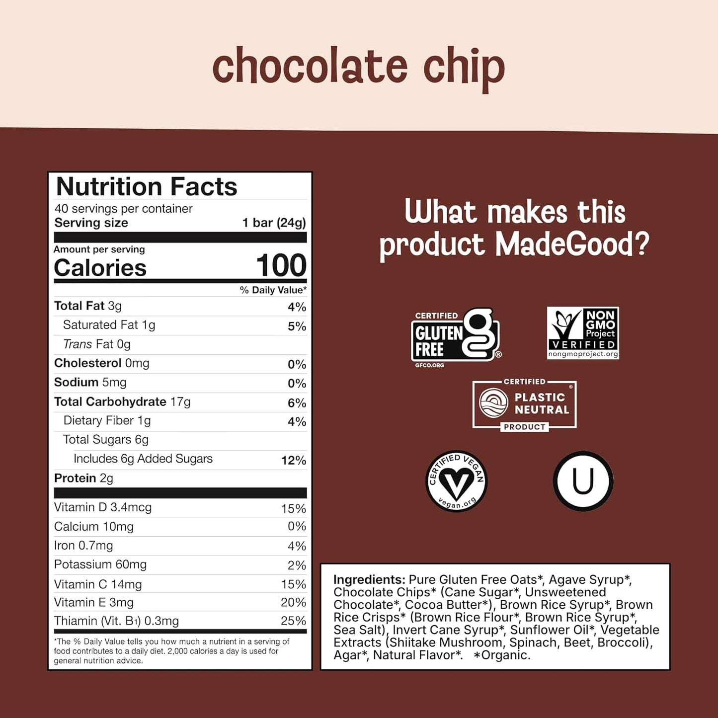 Gluten Free Granola Bars with Dark Chocolate and Vegetable Extracts, 40 Count