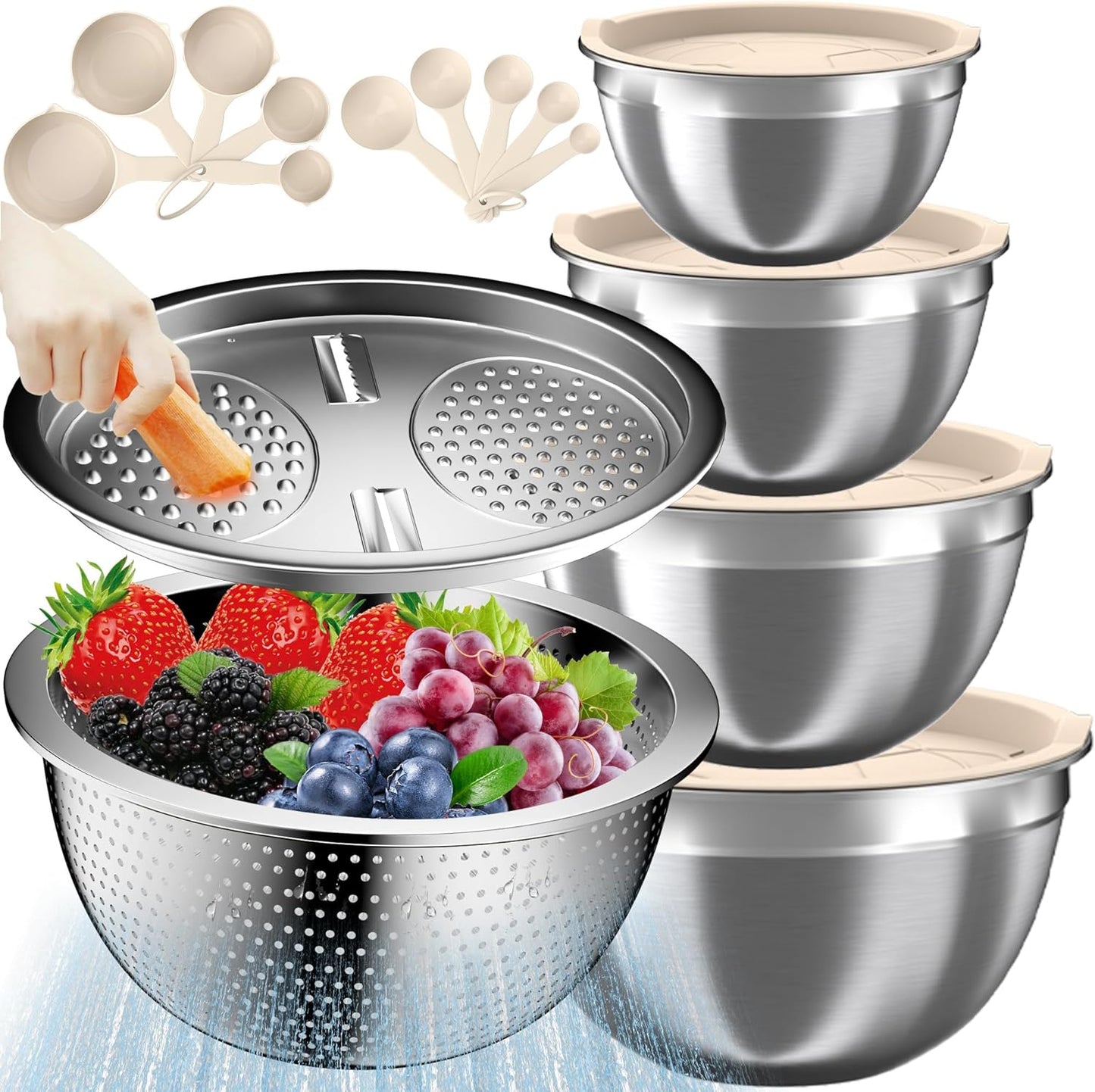 Nicdiet Mixing Bowls with Lids Set, 16PCS Stainless Steel Mixing Bowls,Nesting Storage Bowls for Kitchen with Mixing Bowl, Colander, Strainer & Grater, Metal Salad Bowl for Kitchen Gadgets, Black