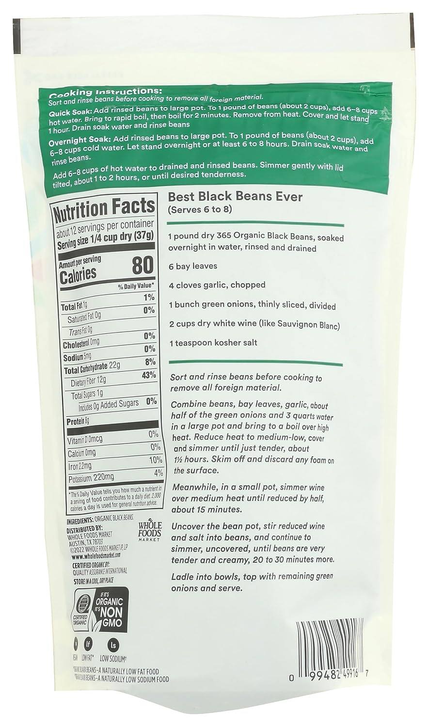 365 by Whole Foods Market Organic Black Beans - 16 Ounces, Low Sodium, High Fiber, and Non-GMO
