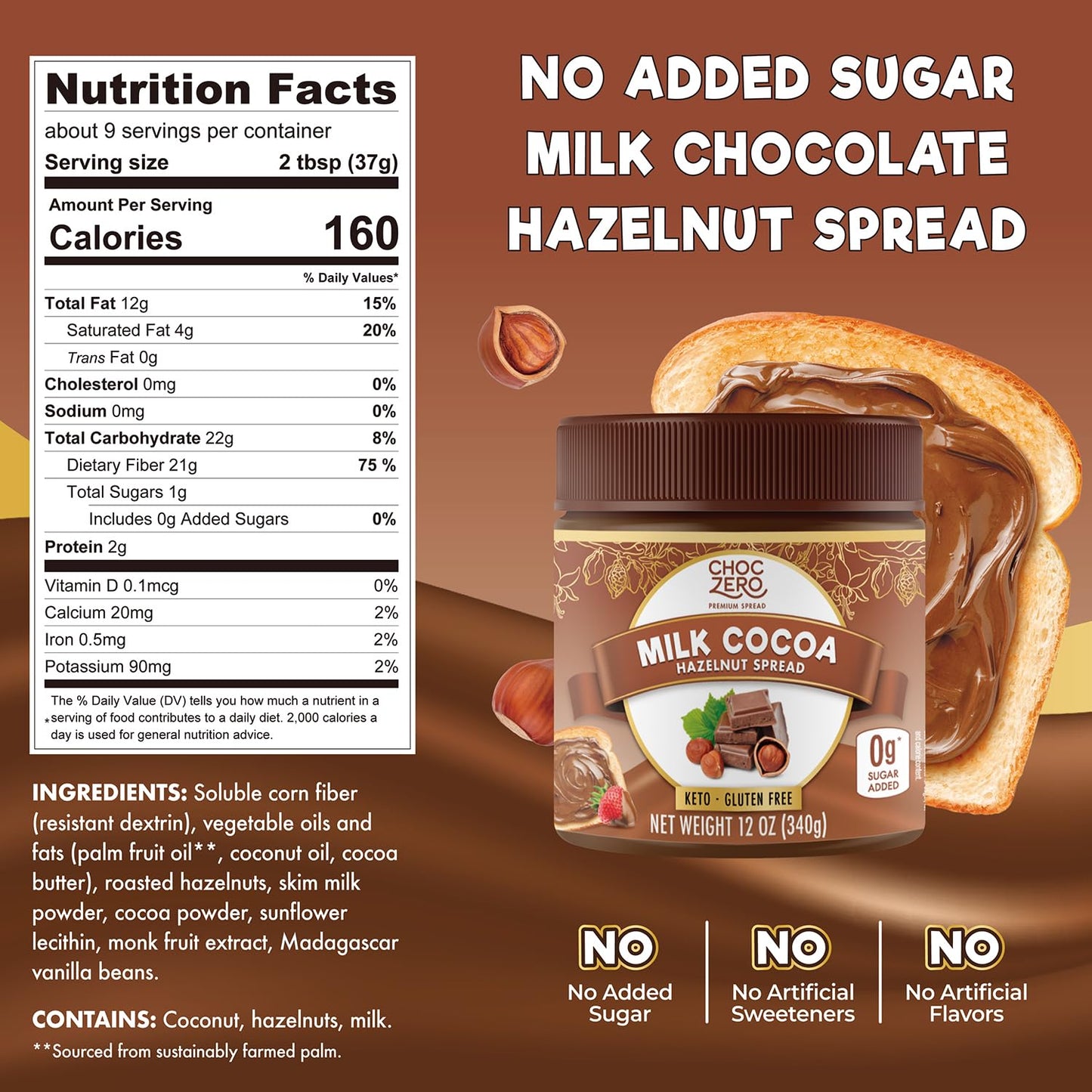 ChocZero Milk Chocolate Hazelnut Spread, No Added Sugar, Gluten Free, Keto Friendly, 12 oz Jar