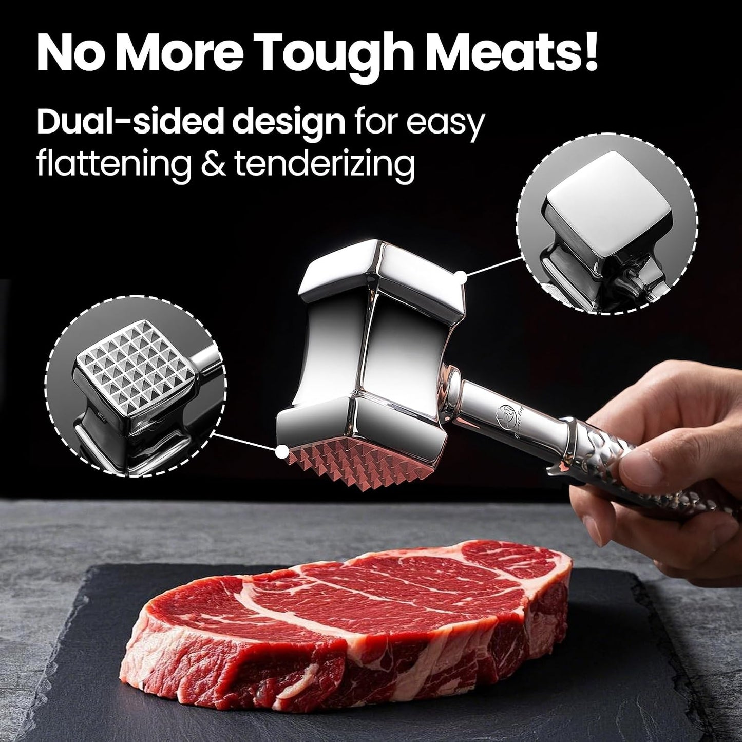 Gourmet Easy Classic Meat Tenderizer Tool, Non-Slip Grip Lifetime Replace | Dual-Sided Heavy-Duty Design for Effortless Tenderizing of Steak,Chicken and Poultry , Dishwasher Safe, Lifetime Replacement