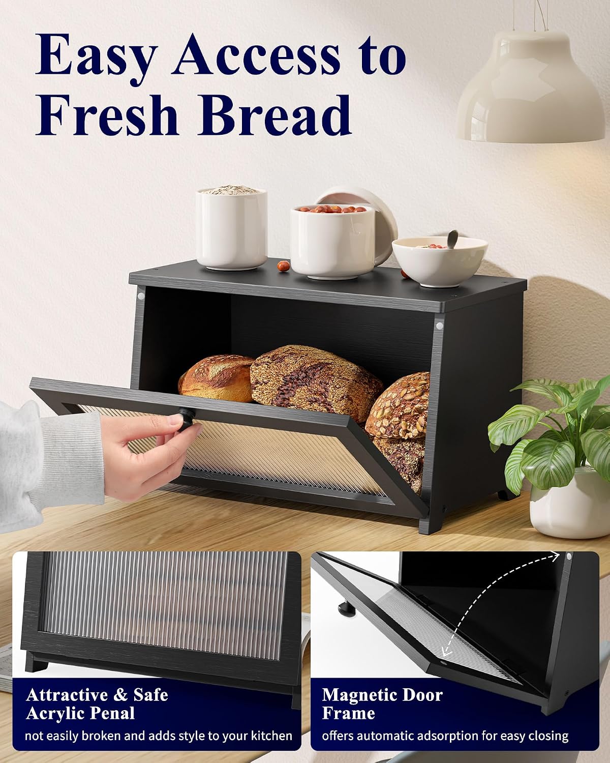 Kitsure Wooden Bread Box for Kitchen Countertop, 1-Tier, Black | Large Capacity Kitchen Countertop Organizer, Stylish Bread Storage with Window, Multi-functional Container