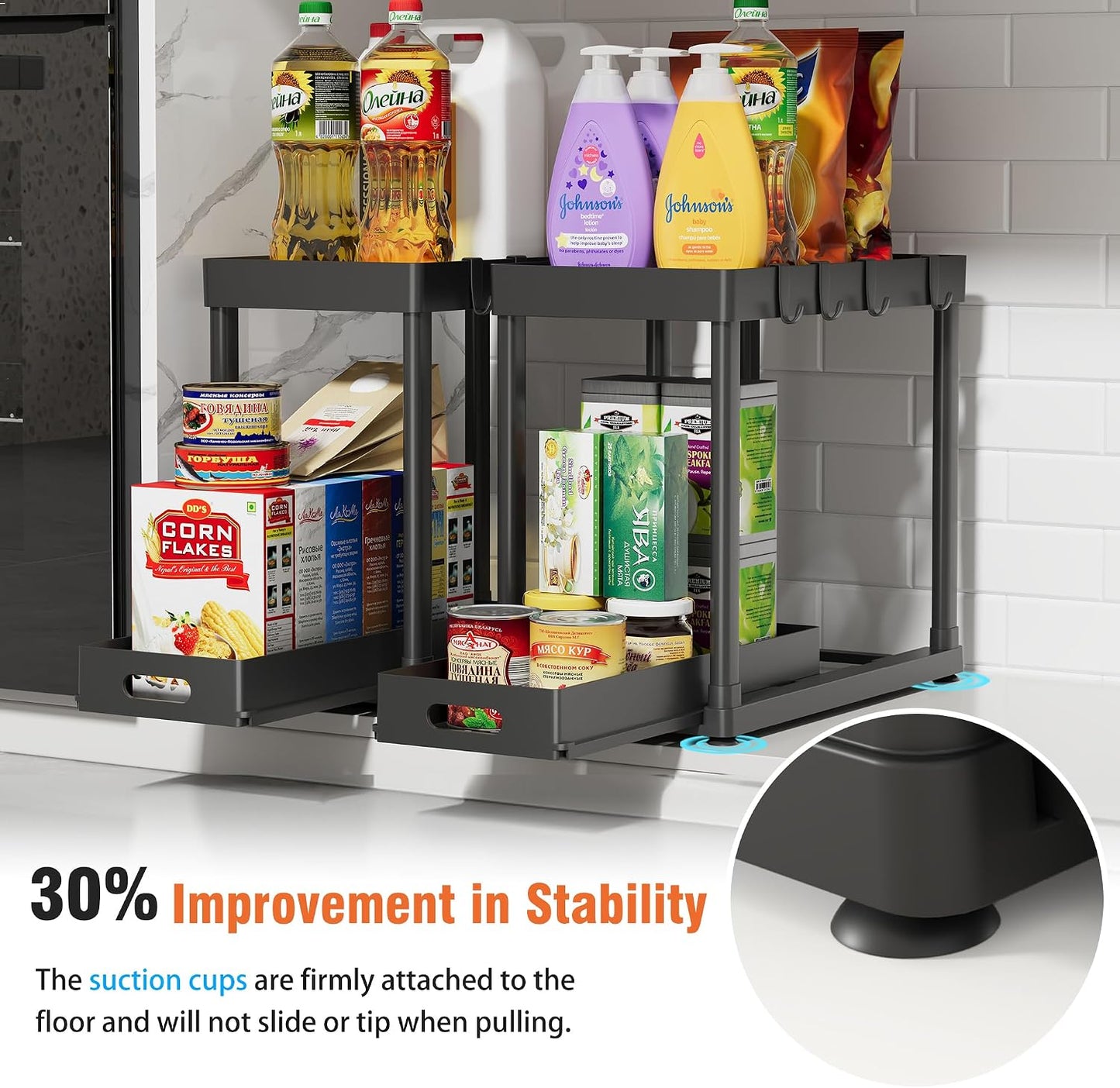2 Pack Pull-Out Storage Organizers, Under Sink Organizer and Storage for Bathroom & Kitchen,Multi-Purpose Under Cabinet Organizers and storage Black