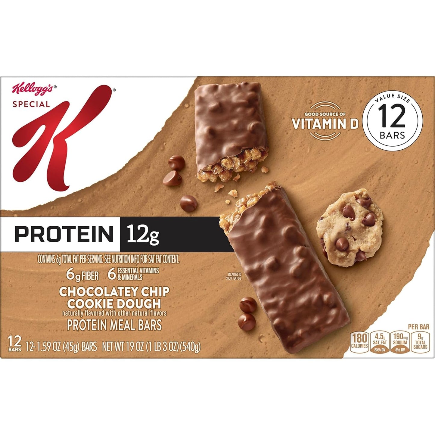 Special K Bar Protein Meal Bars, 12g Protein Snacks, 12 Count, 19oz Box, Chocolatey Chip Cookie Dough