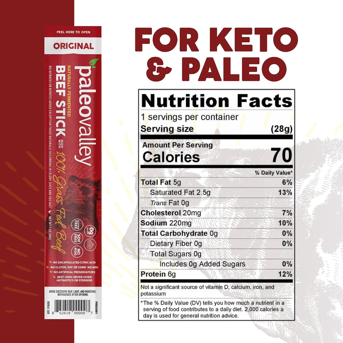 Paleovalley 100% Grass Fed Beef Sticks - Gluten Free Beef Snack - High Protein Keto Friendly