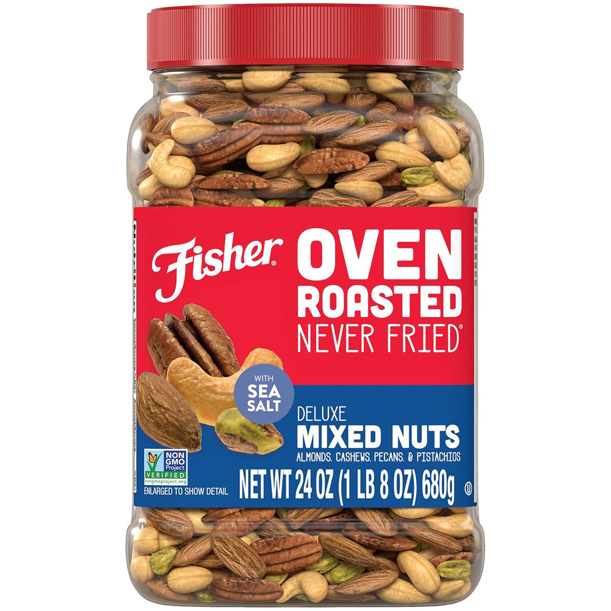 Fisher Oven Roasted Mixed Nuts, 24 Oz, Almonds, Cashews, Pecans, Pistachios, Healthy Snack