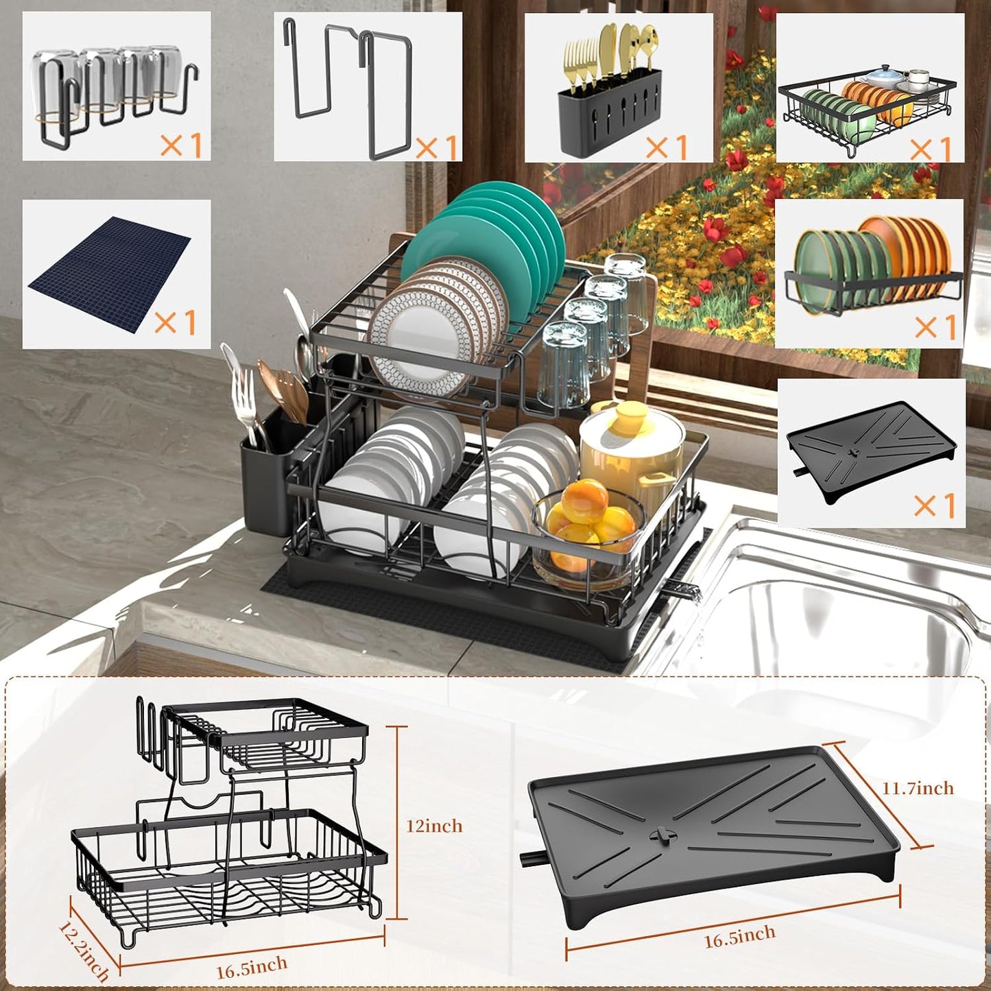 Godboat 2-Tier Dish Drying Rack - Dish Rack with Auto Drain-to-Sink & Mat | Dish Racks for Kitchen Counter, Dish Drainer with Knife Fork & Cup Rack, Gifts for Women, Mothers Day, Kitchen Gadgets, Black