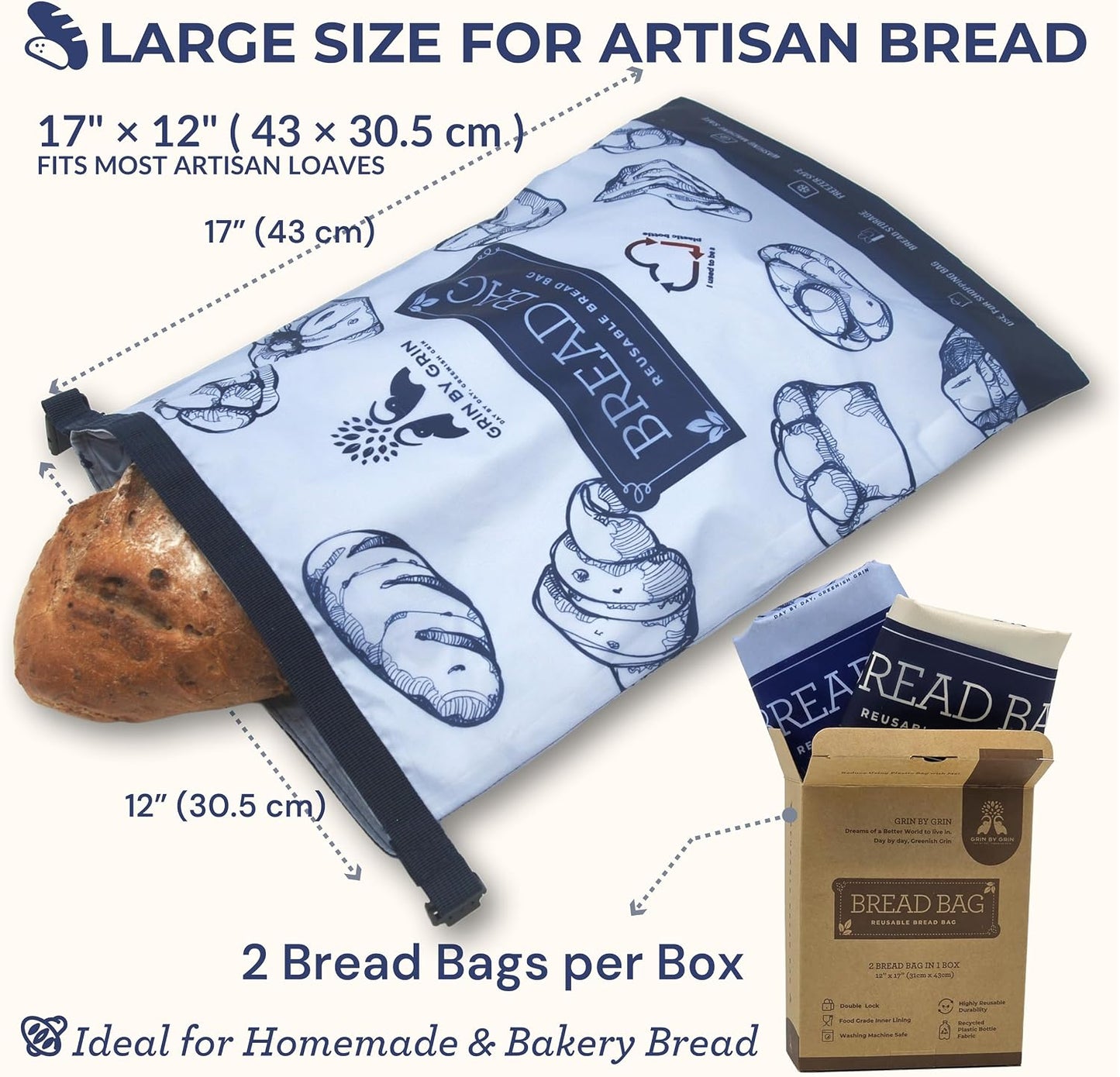 GRIN BY GRIN Bread Bags 2 Pack Reusable Zipper Bags Extra Large | Homemade Bread, Sourdough, Freezer Storage
