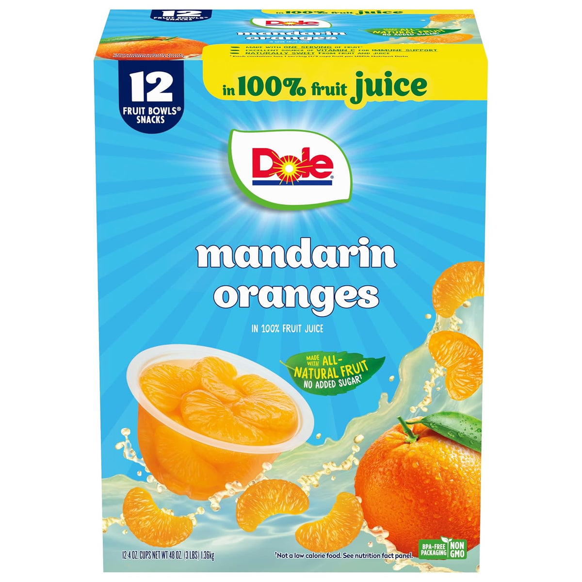 Dole Mandarin Oranges in 100% Juice Snacks, 4oz 12 Cups, Gluten & Dairy Free, Bulk Lunch