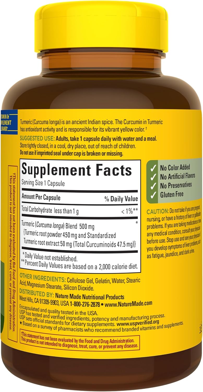 Nature Made Turmeric Curcumin 500 mg, Turmeric Curcumin Supplement for Antioxidant Support, Herbal Supplements, 120 Capsules, 120 Day Supply