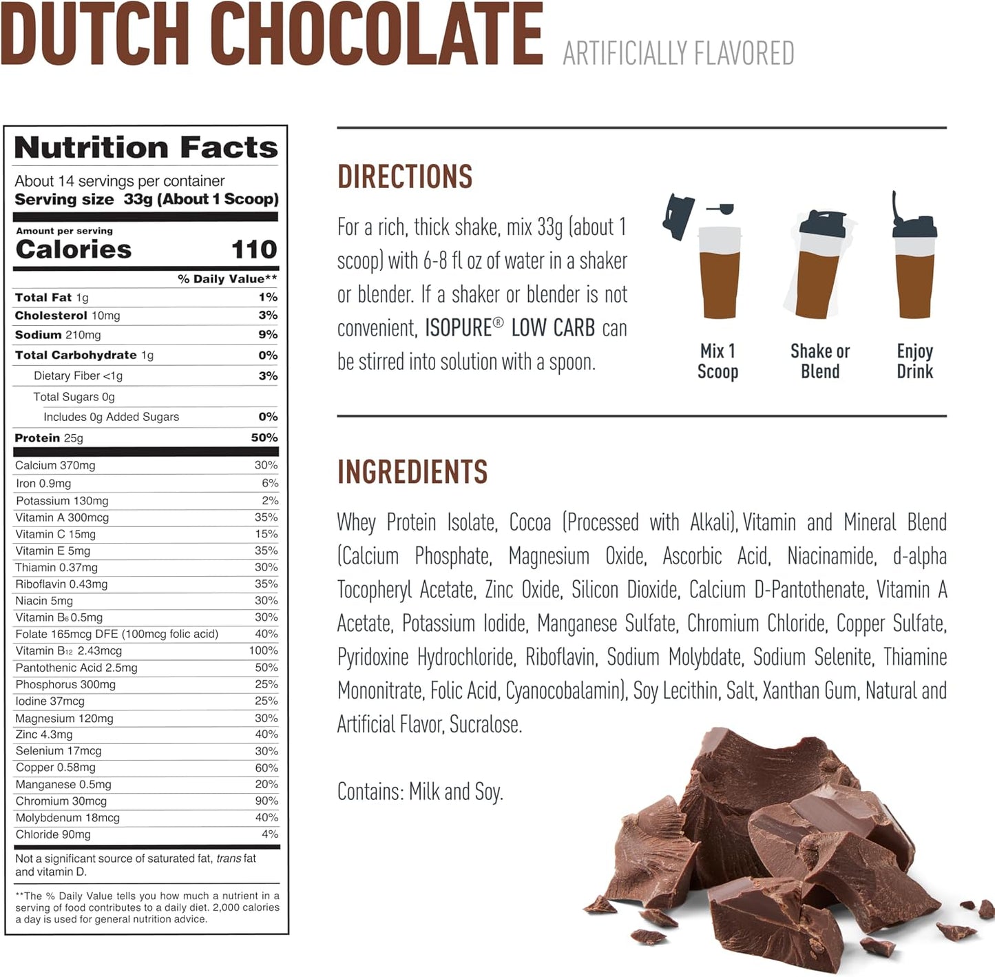 Isopure Low Carb 100% Pure Whey Isolate Protein Powder, Gluten Free, With Vitamins, Dutch Chocolate, 25g Protein Per Serving, 1 Lb, 14 Servings (Packaging May Vary)