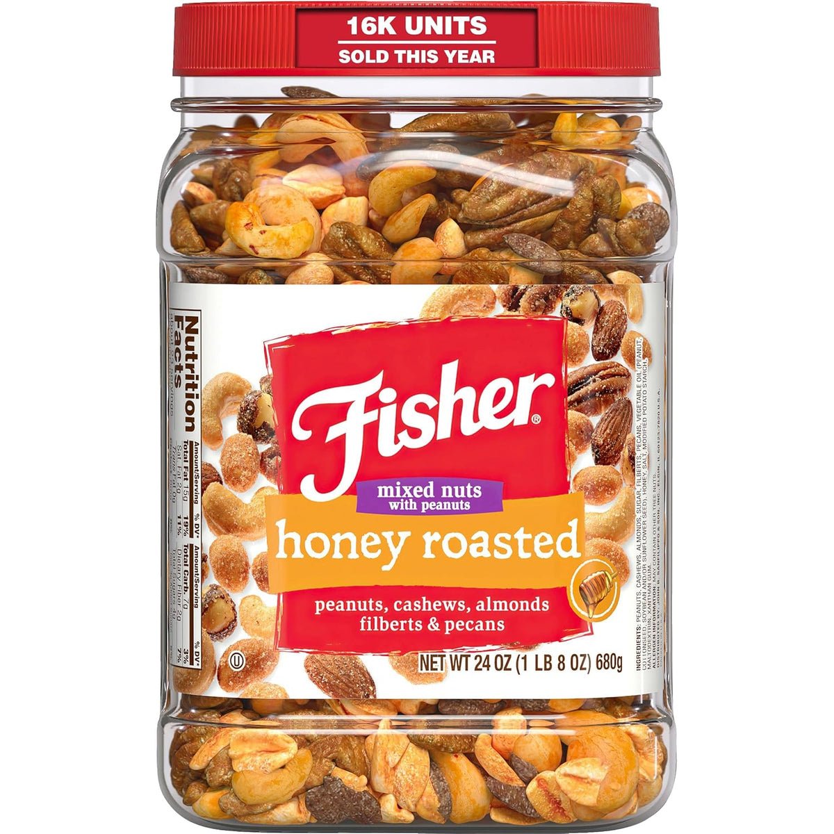 Fisher Snack Honey Roasted Mixed Nuts with Peanuts, 24 Ounces, Reusable Canister