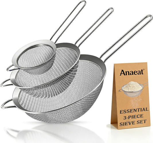 Anaeat Fine Mesh Strainers - Premium Stainless Steel Colander Sieve Sifters, with Durable Mesh and Sturdy Handle, Excellent for Sifting Dry ingredients, Flour, Pastas, Rice, Tea (3.15"+5.5"+7.87")