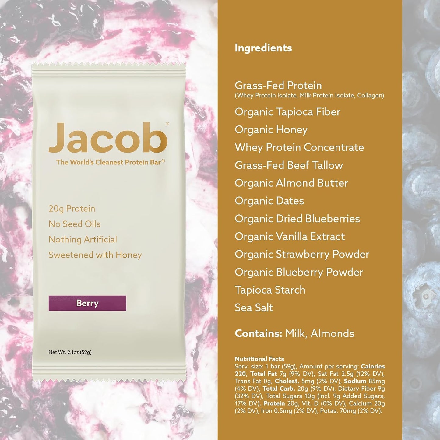 Grass-Fed Protein Bars, 20g Protein, 9 Bars Total, Mixed Berry Flavor