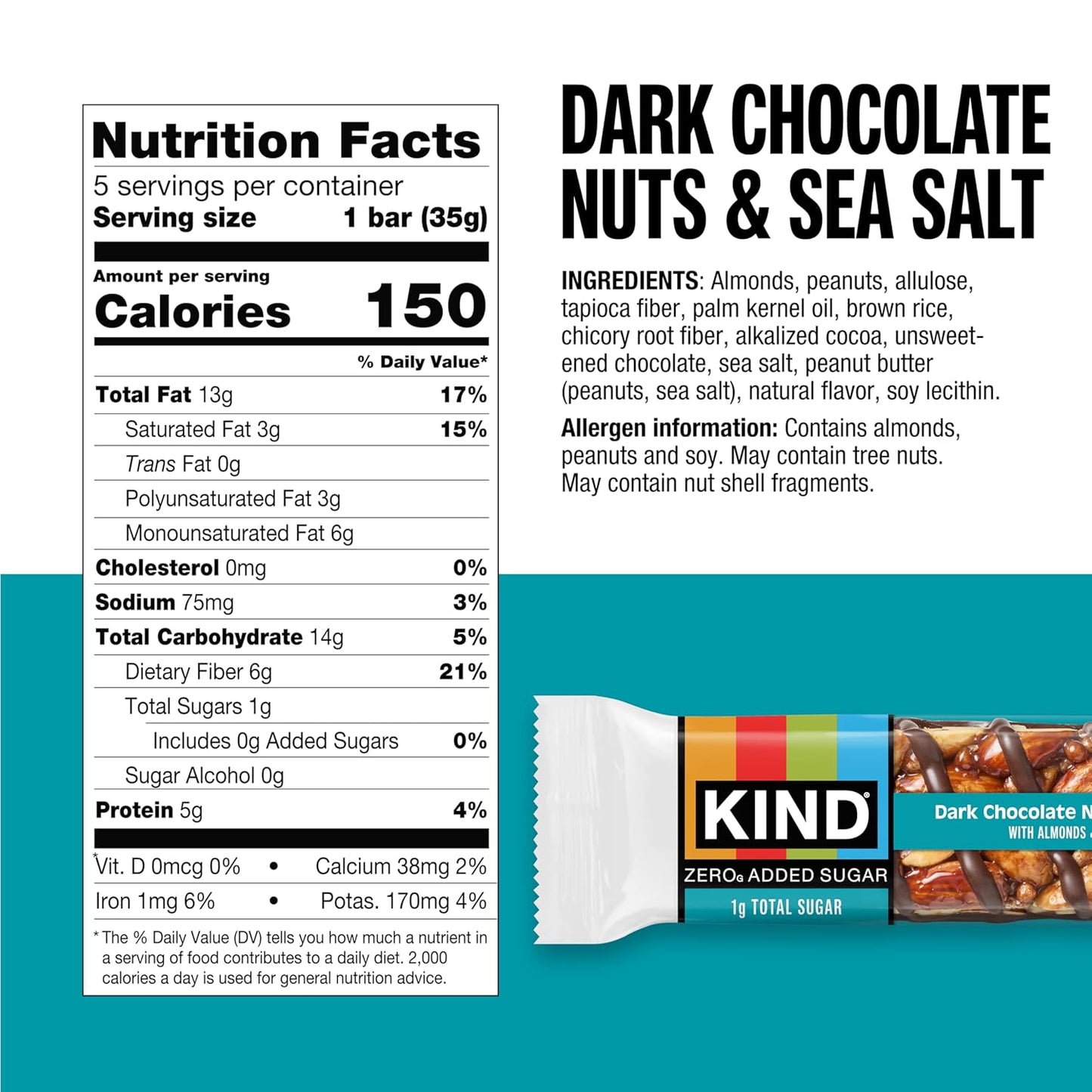 Kind Zero Added Sugar Snacks Bars Variety Pack, Gluten Free, High Fiber, Keto Friendly, 15 Count