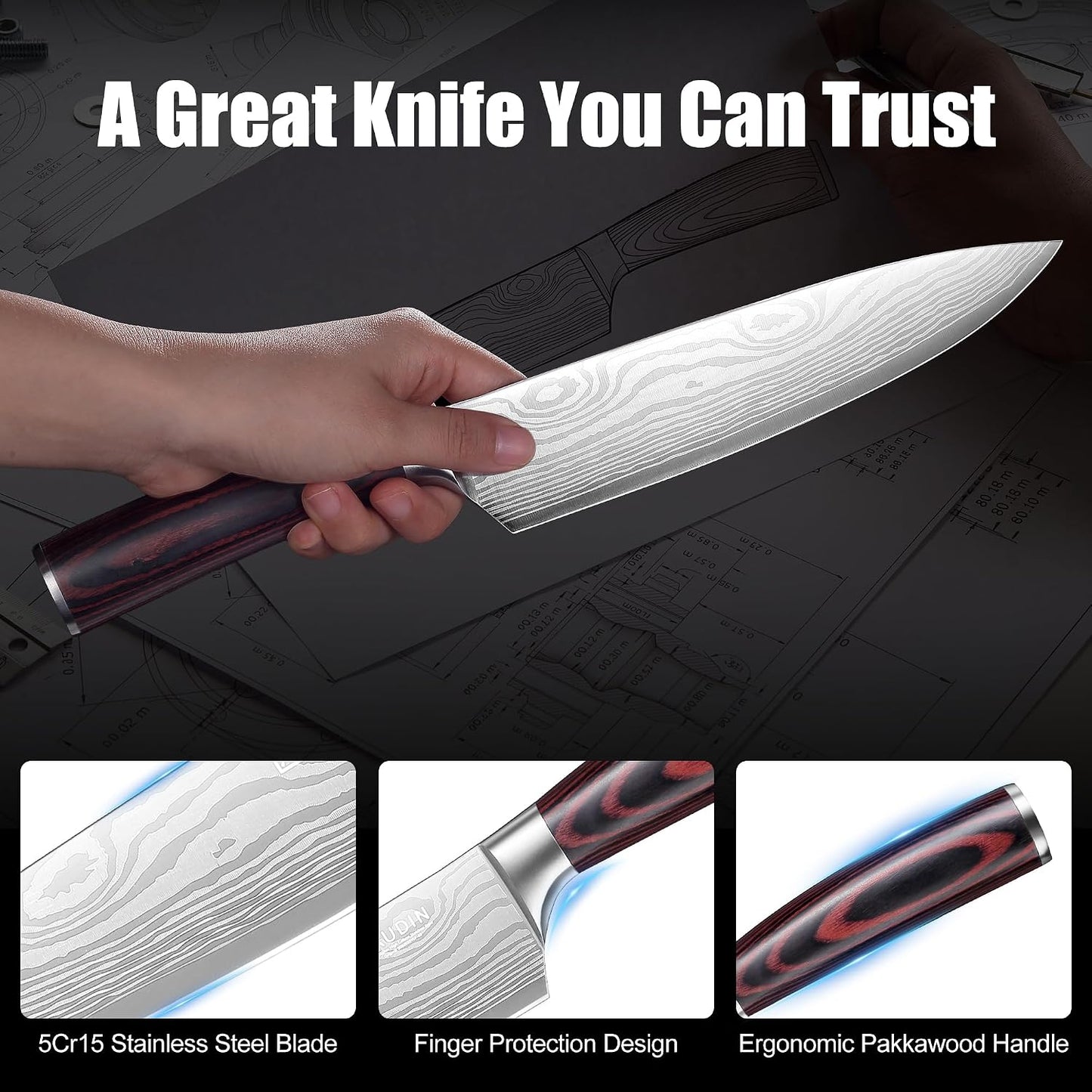 PAUDIN Chef Knife, 8 Inch High Carbon Stainless Steel Sharp Kitchen Knife with Ergonomic Handle, Gift Box for Family & Restaurant