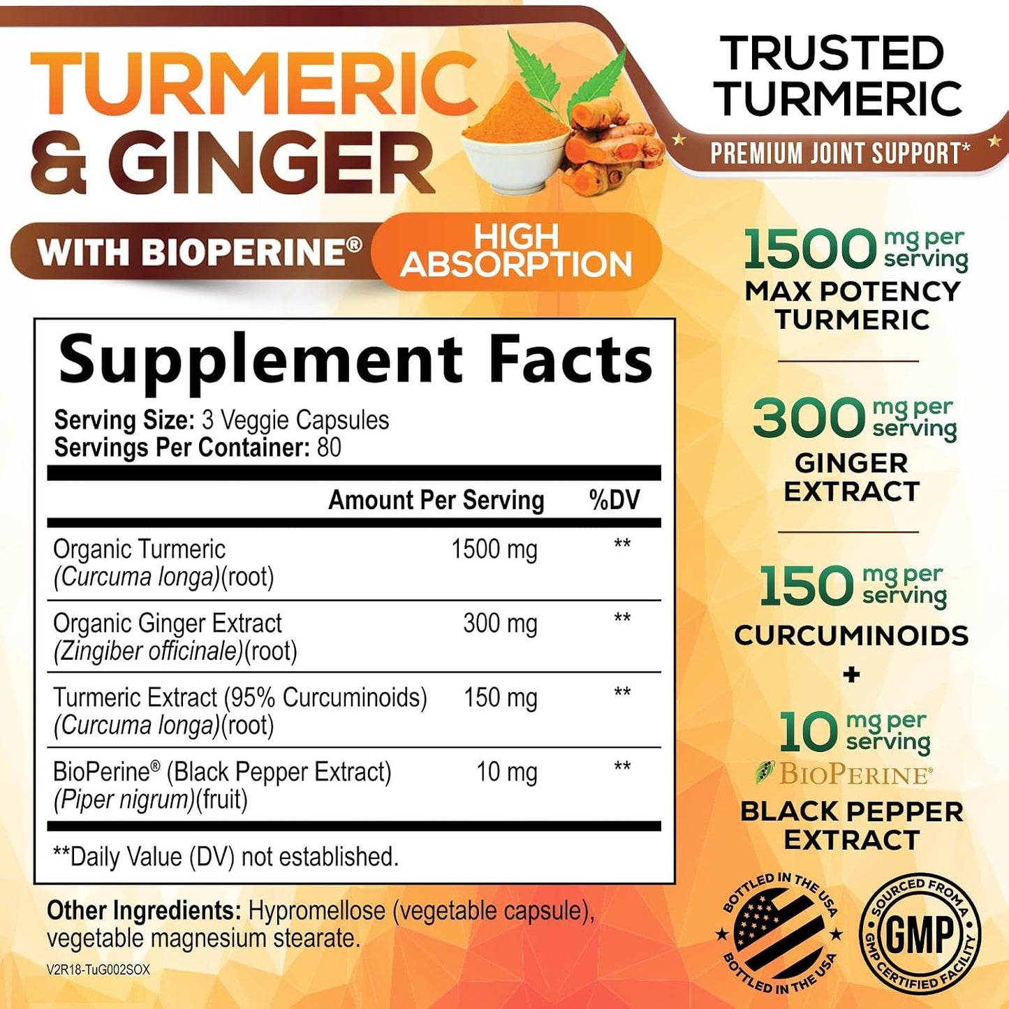 Turmeric Curcumin Supplement - 95% Curcuminoids with Organic Turmeric & Ginger, BioPerine Black Pepper Extract for Best Absorption, Natural Vegan Joint Support, Non-GMO, Bottled in USA - 240 Capsules