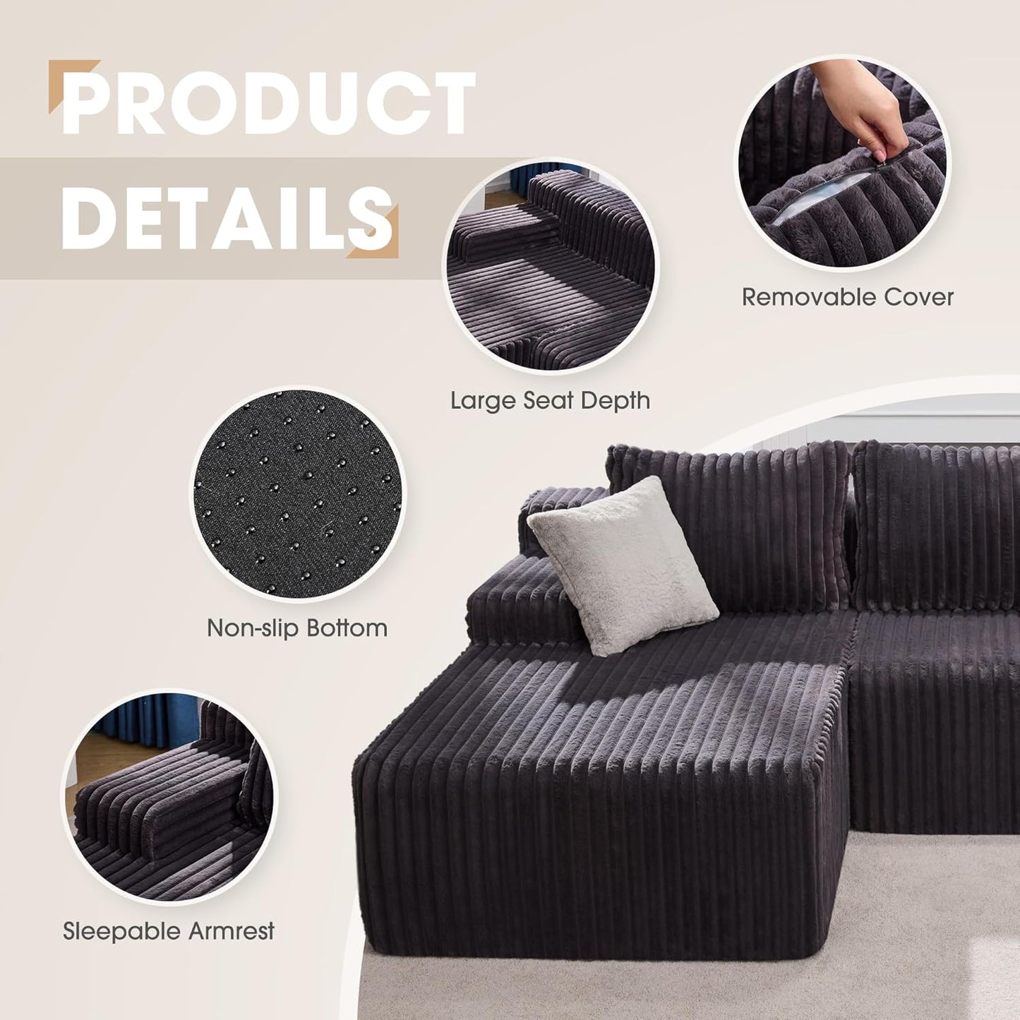 Hobestluk 96“ Modular Sectional Sofa Couches L-Shape Couch 3 Seat Modular Sofa Memory Foam Sectional Couches for Living Room, Cloud Couch with Oversized Chaise (Grey, Stripe (Left Facing Chaise))