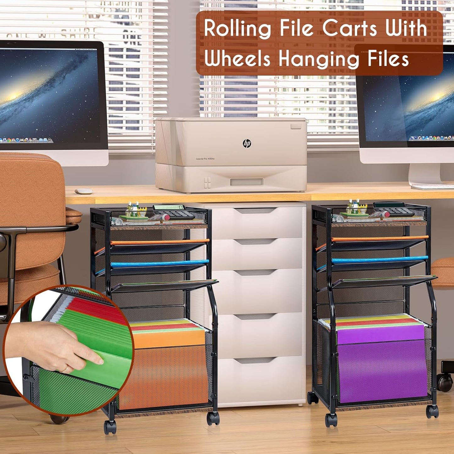 5-Tier Rolling File Cart with Hanging File Folders, Mobile Desk File Organizer on Lockable Wheels, Wood & Mesh Paper Letter Sliding Trays Organization for Office, Home, School, Patent