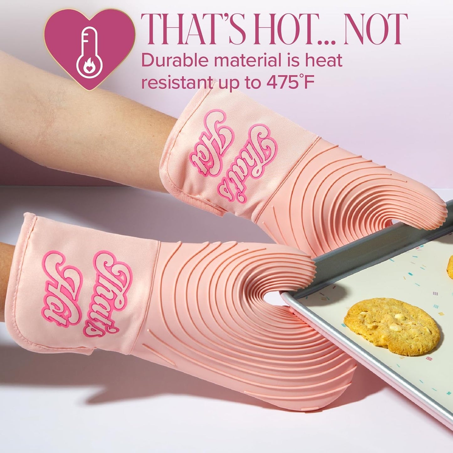 Paris Hilton Oven Mitt Set with Iconic That's HOT Design, Heat Resistant Pot Holders Featuring Non-Slip Textured Silicone Grips, 2-Piece Set, Pink