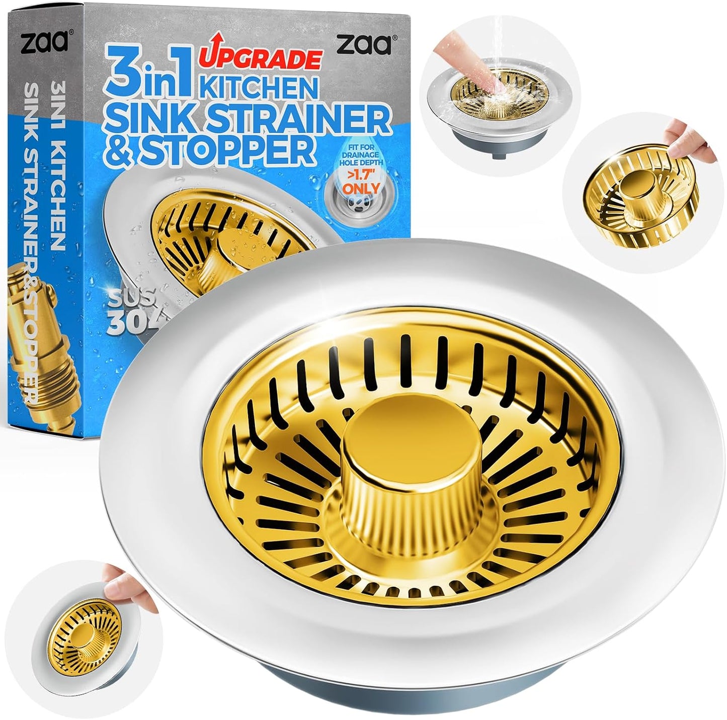 zaa 3 in 1 Kitchen Sink Drain Strainer Stopper Removable Basket Pop-Up | Kitchen Sink Accessories 1 Pack Silver Stainless - Food Catcher, Odor-Blocking Seal, Fits 3.5" Drain, Easy Clean