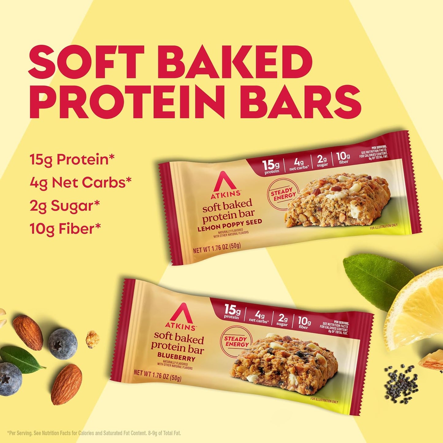 Atkins Soft Baked High Protein Bars, 12 pack, 2g sugar, 4g net carbs, 15g protein