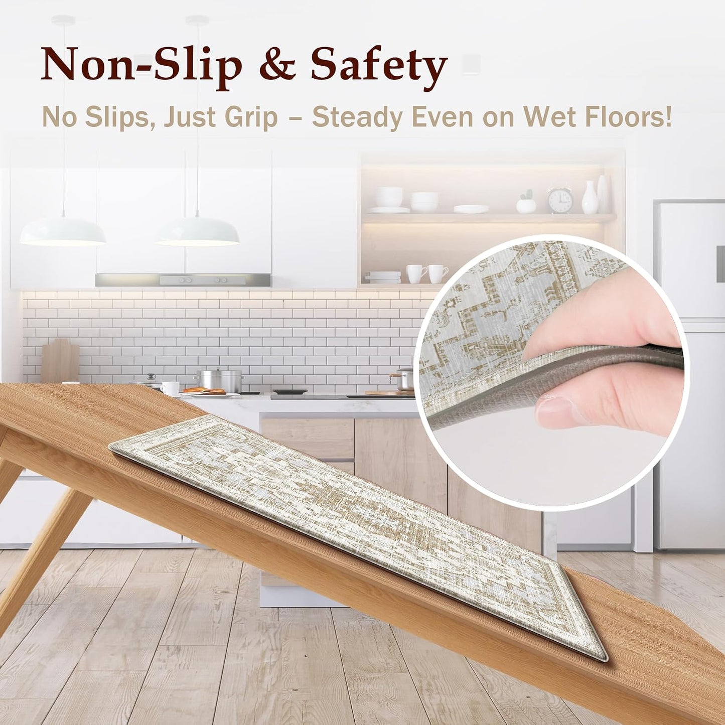 Boho Kitchen Mats for Floor 2 Piece Set Anti Fatigue Cushioned PVC Kitchen Rugs Non Slip Waterproof Farmhouse Mats 2/5 Inch Comfort Standing Mat for Sink, Laundry, 17.3"x47"+17.3"x28", Beige Tan