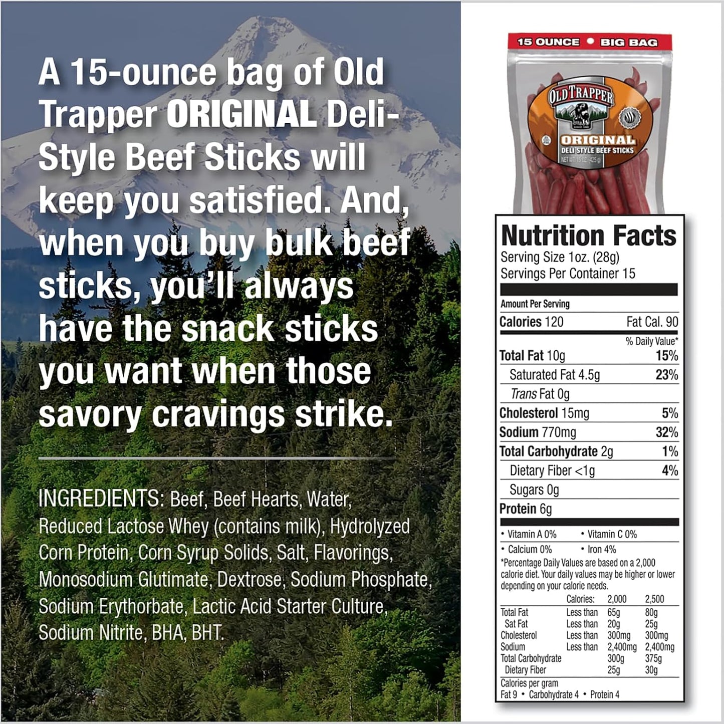 Old Trapper Original Deli-Style Beef Sticks, 15-Ounce Package, Perfect for On-the-Go Snacking