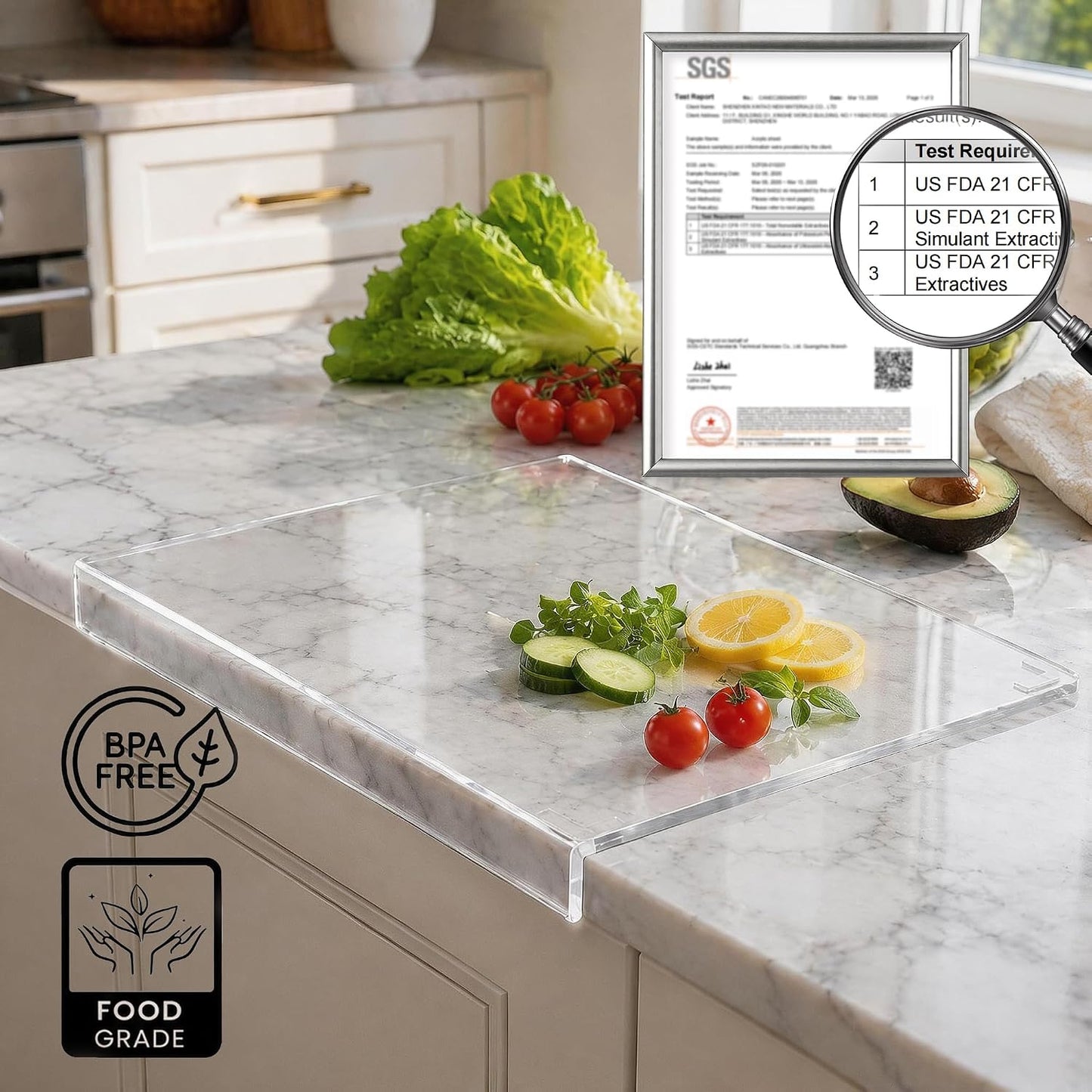 SWSKR Acrylic Cutting Board with Counter Lip,17.5"x13.5" Clear Cutting Board for Kitchen Countertop,Non-Slip,60% Thicker,Perfect for Bread,Meat,Veggies & More,Great Kitchen Essential Gadgets & Decor