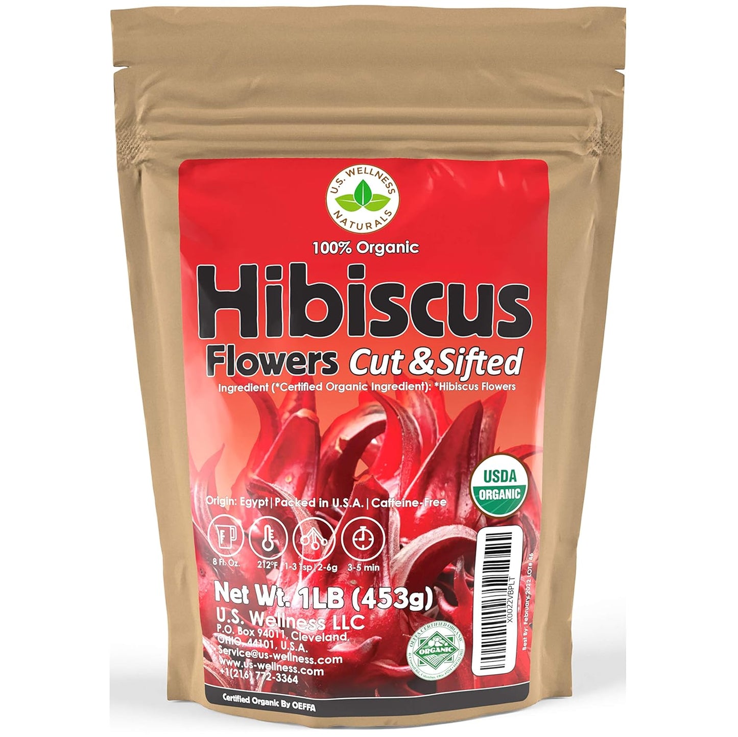 100% Certified Organic Hibiscus Flowers Herbal Tea, 1LB, Caffeine Free, Bulk Resealable Bag